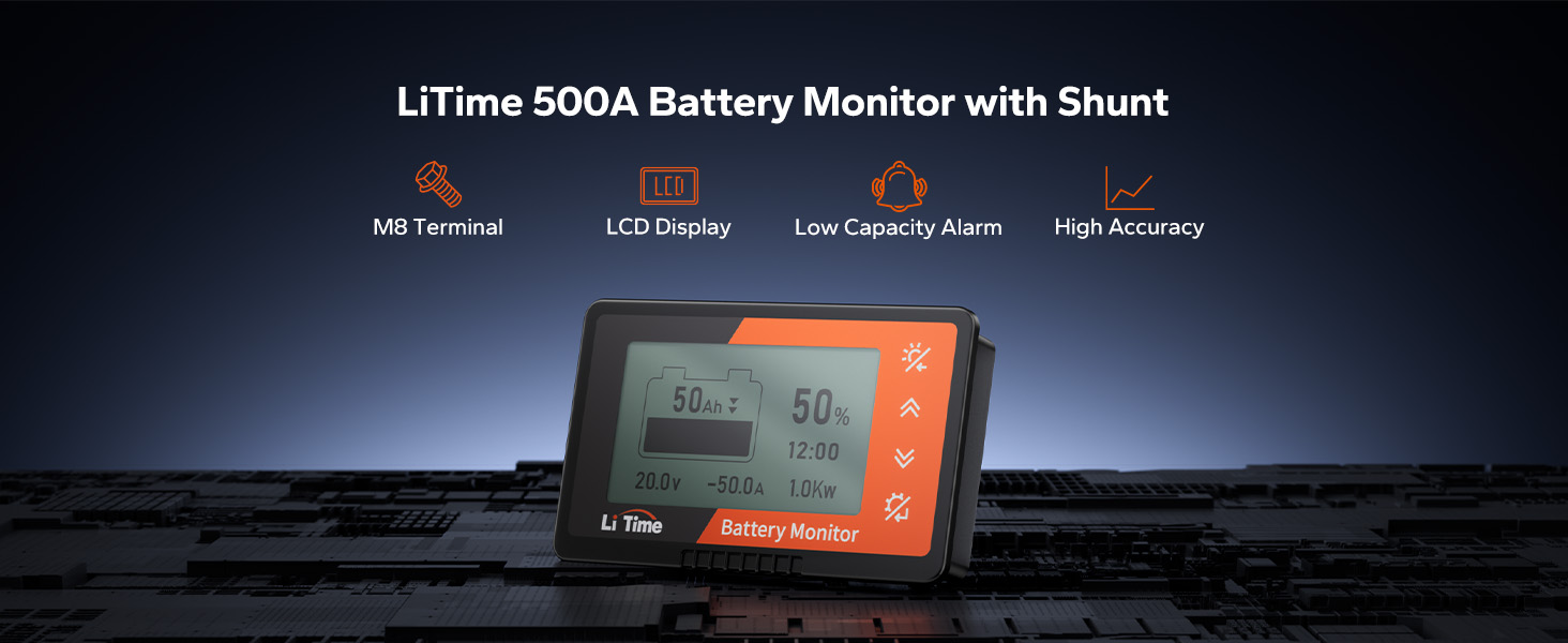 LiTime 500A 8V-120V Battery Monitor with Shunt, M8 Terminals, for
